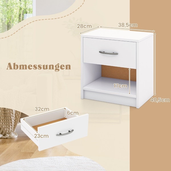 Sengebord med skuffe Lille sidebord med åbent rum 38,5 x 28 x 40,5 cm hvid
