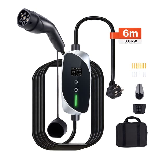 Bärbar elbilsladdare typ 2 3,6 kW 16A, 6 m kabel