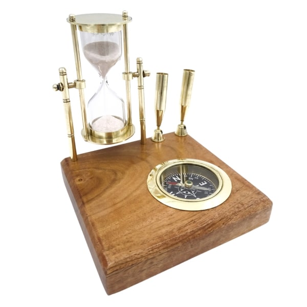 Skrivbordsset timglaskompass och pennhållare