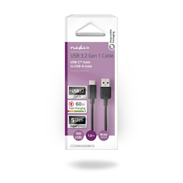 USB kaapeli | USB 3.2 Gen 1 | USB-A Uros | USB-C™ Uros | 60 W | 5 Gbps | Niklattu | 1.00 m | Pyöreä | PVC | Musta | Laatikko