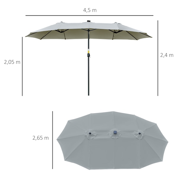 Aurinkovarjo Led-Aurinkoenergialla 4,5 M Double Aurinkovarjo Puutarha Sateenvarjo Market Sateenvarjo Patio Sateenvarjo Ovaali Vaaleanharmaa + Musta