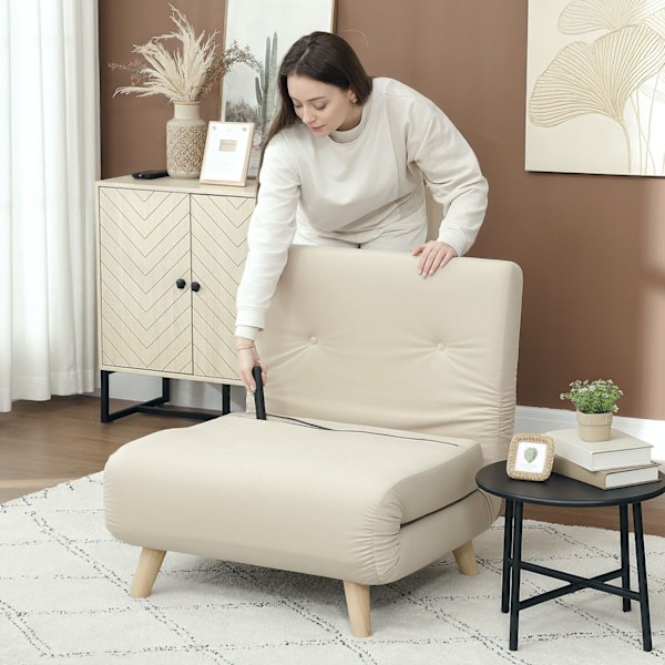 Sovstol, hopfällbar stol med sängfunktion, dekorativa kuddar, hopfällbar relaxstol med justerbart ryggstöd i sammetslook, för vardagsrum, beige