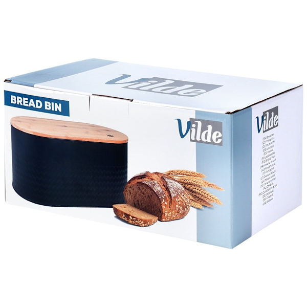 Rymlig svart brödlåda med trälock-skärbräda