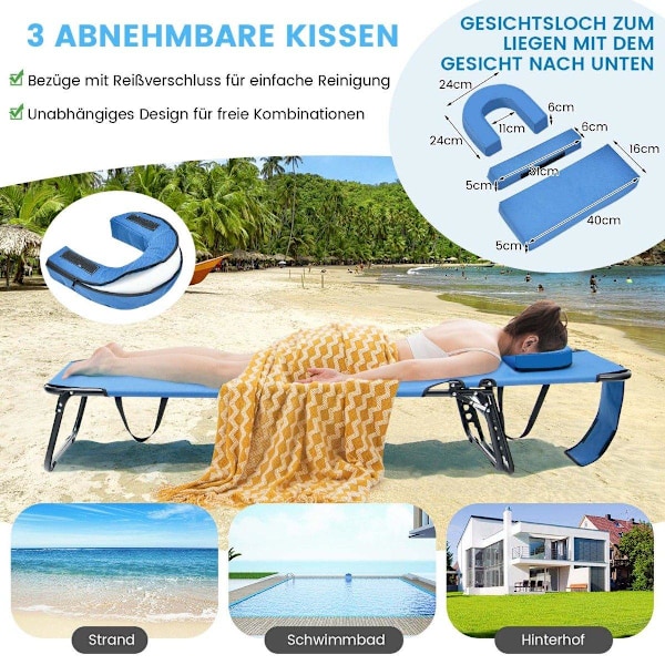 Hopfällbar solstol strandstol med ansiktsöppning blå