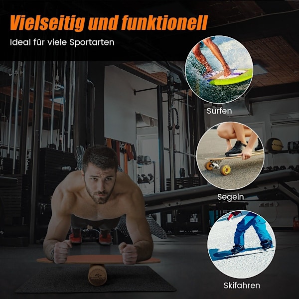 Træbalancebræt Wobble Board med hjul og tæppe 3-i-1 balancebrætsæt orange