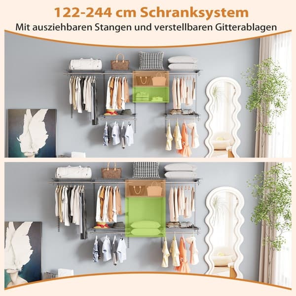 Udvidbart skabsorganiseringssystem, 122-244 cm, Grå