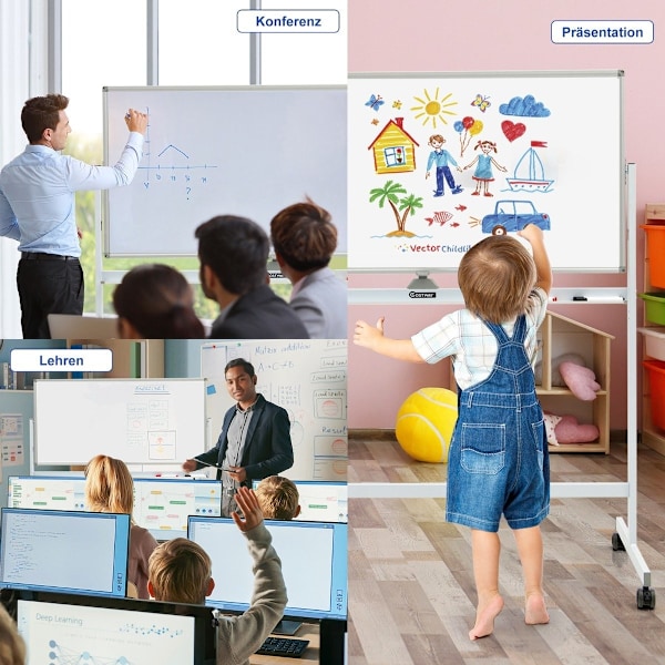 Dobbeltsidet magnetisk mobil whiteboard Justerbar Dry Erase Board på hjul Hvid