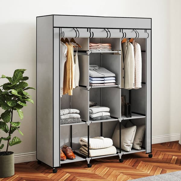 Stofgarderobe, 8 hylder, 2 bøjlestænger, grå