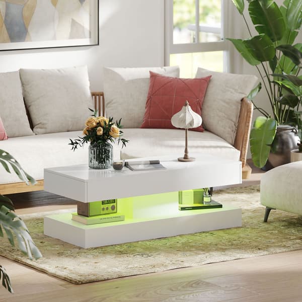 Sofabord med skuffer og LED-lys, Hvid MDF