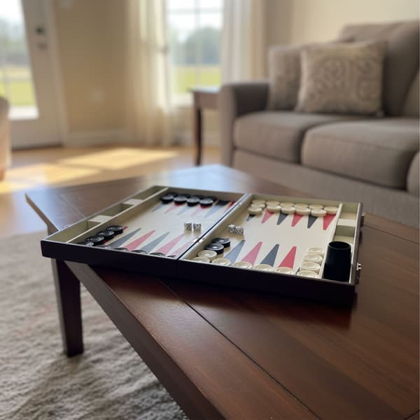 Backgammon-setti nahkaverhoilulla ja kotelolla