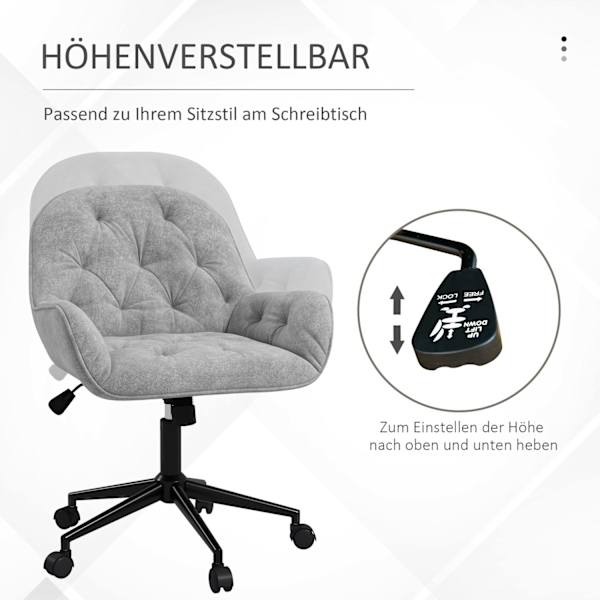 Kontorstol Skrivebordsstol Med Vippefunktion, Computerstol Højdejusterbar, Ergonomisk Arbejdsstol Med Fløjlslook, Lysegrå