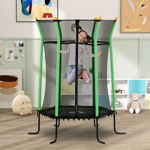 Barnstudsmatta Ø163,5 cm, inomhusstudsmatta med skyddsnät kantskydd gummirep, barnstudsmatta upp till 50 kg, för barn 3-10 år grön