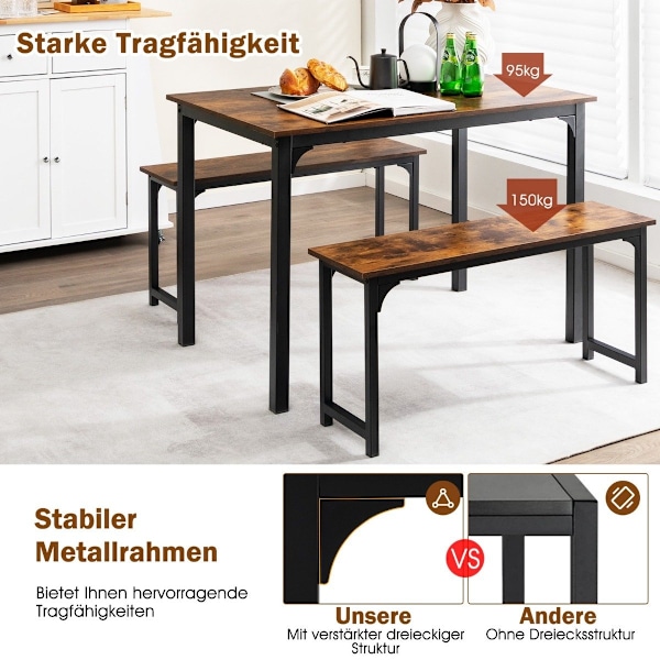 Matbord med 2 bänkar Matgruppset om 3 110 x 70 cm Köksbord för 4 personer Kaffe + svart