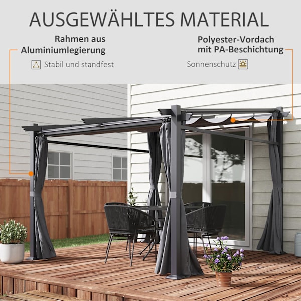 Pergola 2,97X2,95M Vandafvisende Lysthus Med Solsejl Og Sidepaneler, Polyester, Mørkegrå