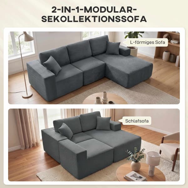 Modulær L-formet sovesofa, dyb sæde, fløjlsbukser, mørkegrå