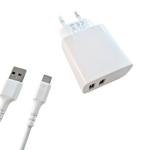 GEAR laturi 220V 2xUSB-A 3.4A valkoinen USB-C 2.0 kaapeli 1m
