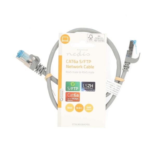 CAT6a nätverkskabel | S/FTP | RJ45 hane | RJ45 hane | 0.50 m | Snagless | Rund | LSZH | Grå | Label