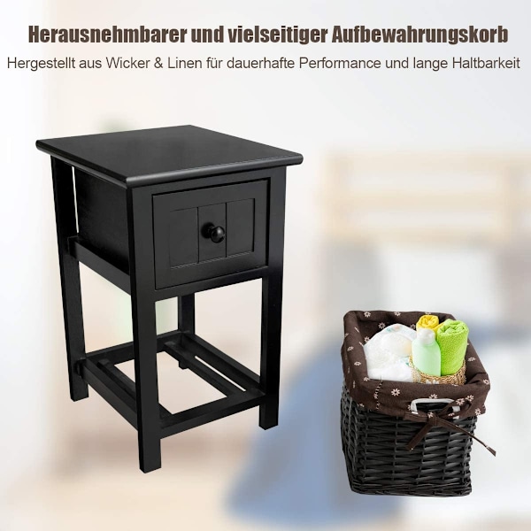 2-delt sengebord i træ med skuffe og kurv sidebord med hylde 31 x 28 x 45 cm sort