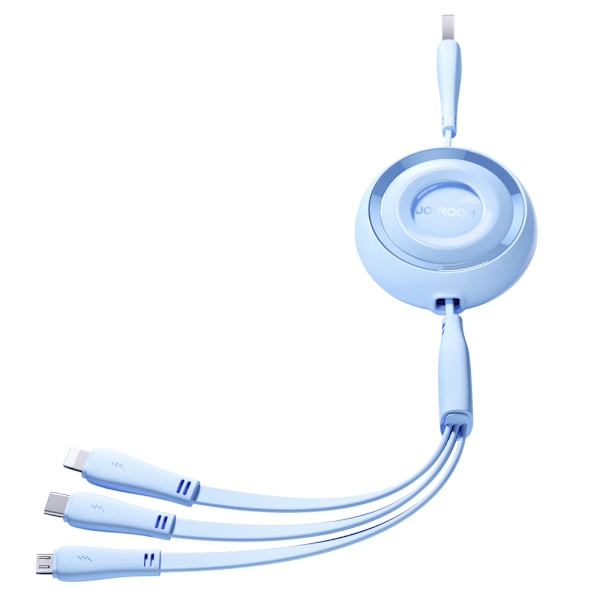3in1 Colorful Series USB-A-USB-C / iPhone Lightning / microUSB sisäänvedettävä kaapeli 1m sininen
