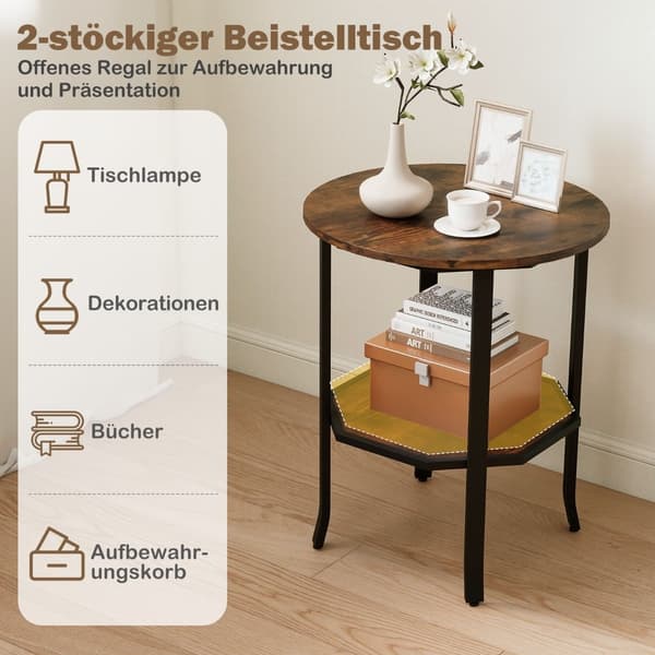 Rundt sidebord med 2 niveauer og hylde, rustik brun