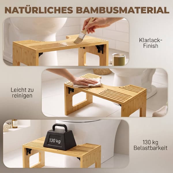 Hopfällbar toalettpall i bambu, halkfri, ekfinish