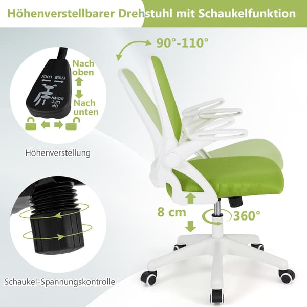 Ergonomisk kontorsstol, grön, uppfällbara armstöd, svankstöd