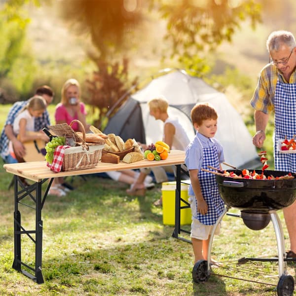 Hopfällbart picknickbord, trä, justerbar höjd, paraplyhål