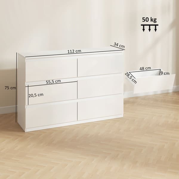Kommode med 6 skuffer, hvid kommode 112 x 34 x 75 cm