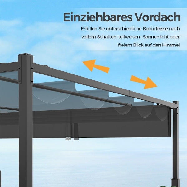 3,1 x 3,1 m pergola liukukatolla Vedenpitävä huvimaja Talvenpitävä puutarha huvimaja harmaa