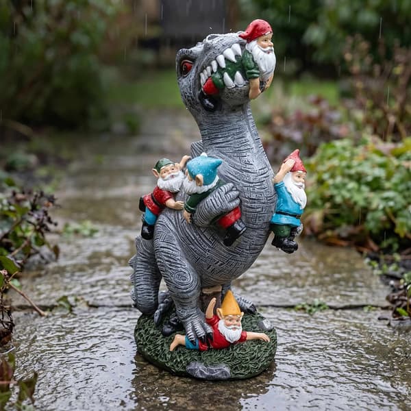 T-Rex Havepynt Spisende Nisser, Polyresin, 28,5 cm