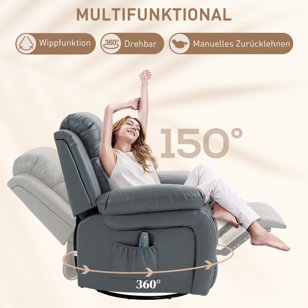 Relaxstol, Massagefunktion, Elektrisk Tv-Stol, 8 Vibrationshuvuden, Vippfunktion, Vridbar, Fjärrkontroll, Sidoficka, Konstläder, Grå