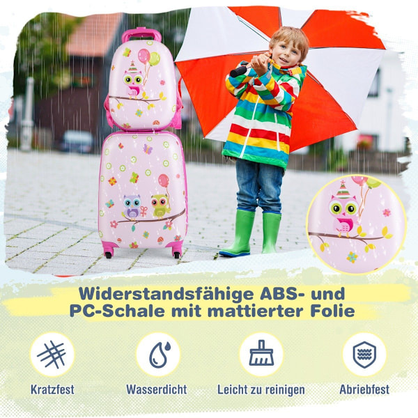 2-osainen lasten matkalaukku + reppu muovista lastenvaunut 12"+16" pink linnut