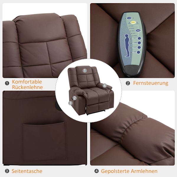 Massagestol, Tv-Stol, Elektrisk Afslapningsstol Med Massagefunktion, Kunstlæder, Træ, Stål, Skum, Brun, 94 X 99 X 99 Cm