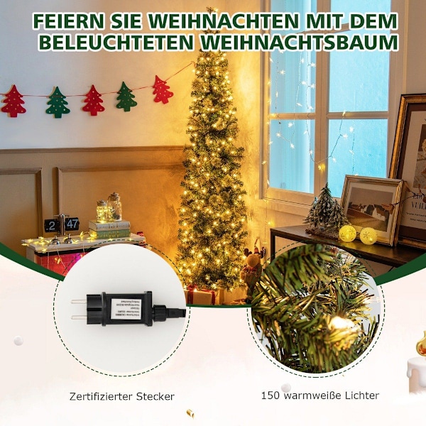 210cm Pre-Lit Halv Tree Julgran Halv Artificiell Tree
