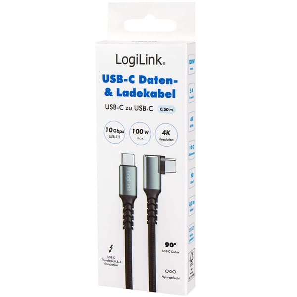 LogiLink USB-C - USB-C -kaapeli 0,5 m, 90° kulma, 100 W PD, harmaa/musta