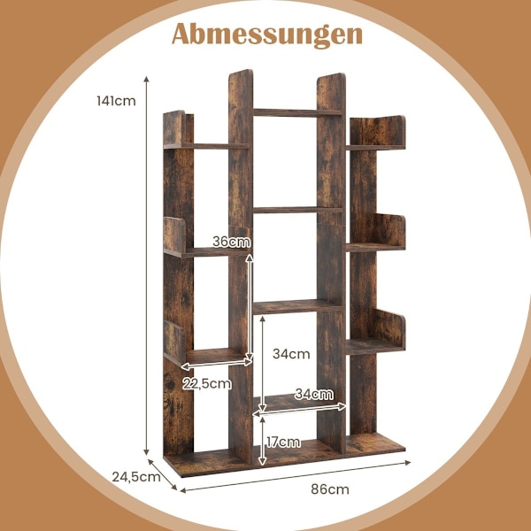 Træformet reol med 13 åbne rum, opbevaringshylde, træhylde, 86 x 24,5 x 141 cm, brun