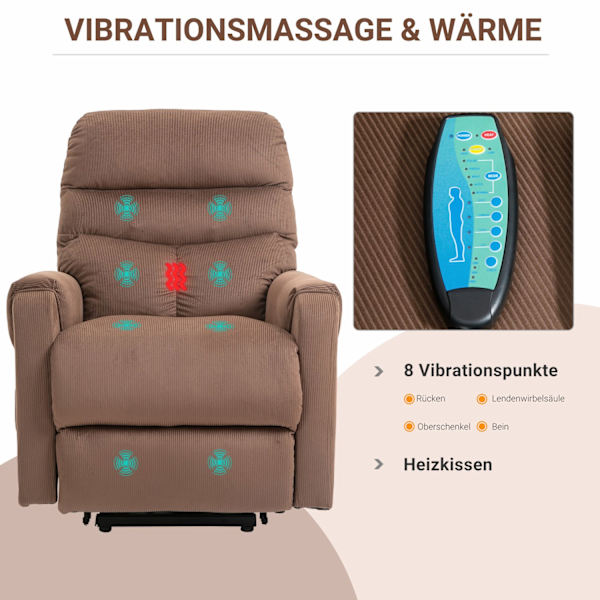 TV-lænestol, elektrisk ståstol med massagefunktion, fjernbetjening, varme, liggefunktion, polyester, lysebrun, 79x97x103cm