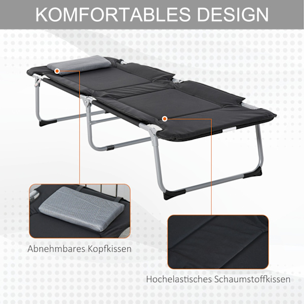 Sammenklappelig Campingseng Camp Seng Med Pude, Let Og Bærbar, Til Udendørs Og Camping, Sort+Sølv, 183X66X33Cm