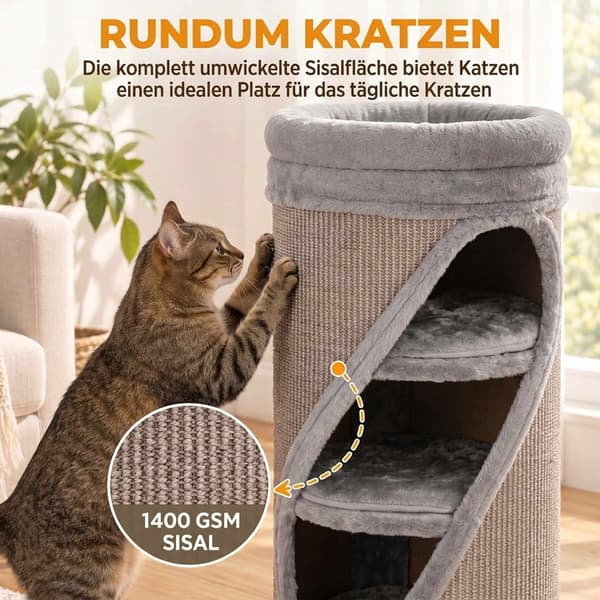 Kradsetønde til katte 75 cm med 3 huler og vaskbar seng, Ø 35 cm, grå