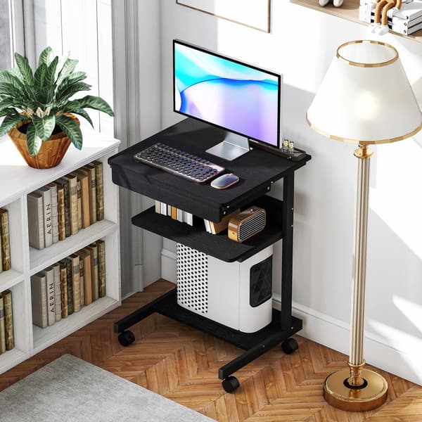 Rullende computerbord med skuffe, hylder og låsbare hjul