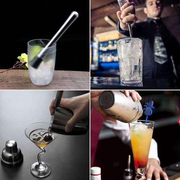 11-delt bartendersæt i rustfrit stål med bambusstativ