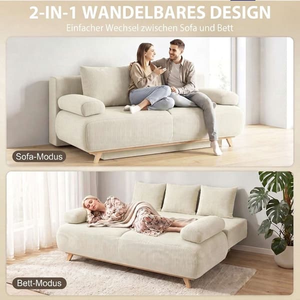 Konvertibel bäddsoffa med justerbart ryggstöd, manchester, beige