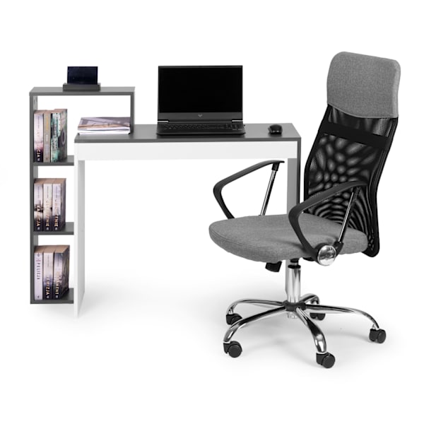 Hvidt og gråt kontor computerbord, bord + reol med 4 hylder