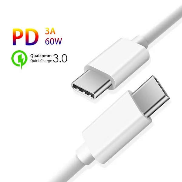 SiGN Hurtigopladningskabel USB-C til USB-C 60W, 3A, PD, 3m - Hvid