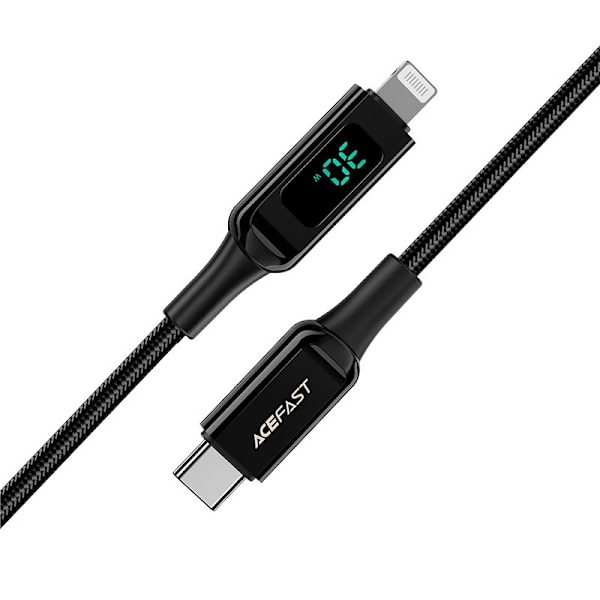 Flätad kabel med LED-skärm för iPhone MFI USB-C - Lightning 1,2m 30W 3A svart