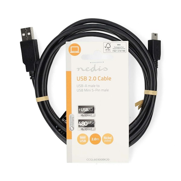 USB-kabel | USB 2.0 | USB-A Han | USB Mini-B 5-pins han | 480 Mbps | Nikkelplateret | 2.00 m | Runde | PVC | Sort | Label