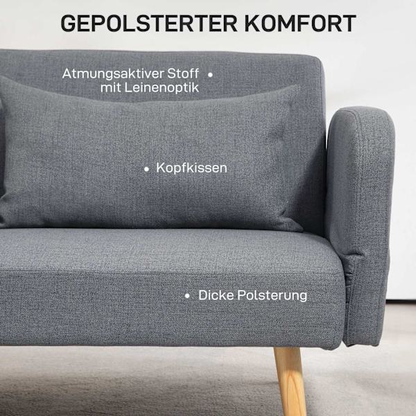 3-istuttava sohva nukkumistoiminnolla, 170x83x80cm, 3-portaisesti säädettävä selkänoja ja jalat, aaltojouset, tyynyt, pellava look, harmaa