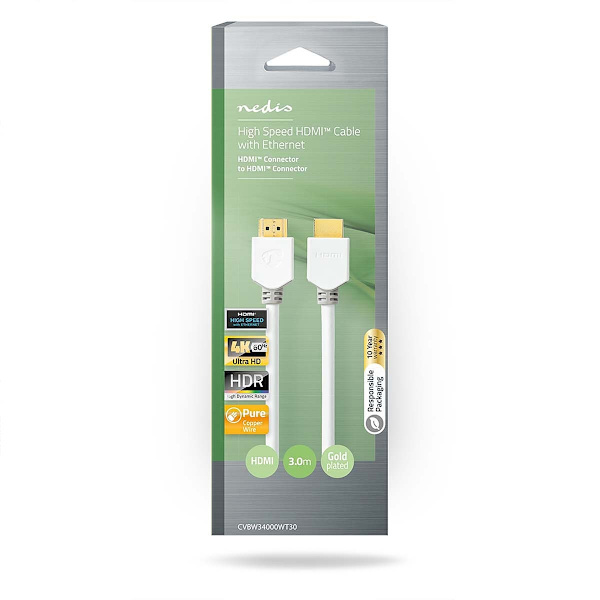 High Speed ​​HDMI ™ kabel med Ethernet | HDMI™ Kontakt | HDMI™ Kontakt | 4K@60Hz | ARC | 18 Gbps | 3.00 m | Rund | PVC | Vit | Låda