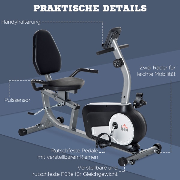 Liggende Ergometer Motionscykel Cykeltræner Med Lcd Display, 8-Trins Justerbar Magnetisk Modstand, Op Til 110 Kg, Stål & Abs