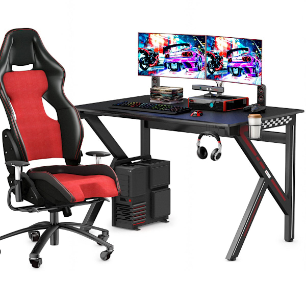 K-formet spillebord med kopholder til hovedtelefonkrog og kabelstyring, ergonomisk computerbord sort